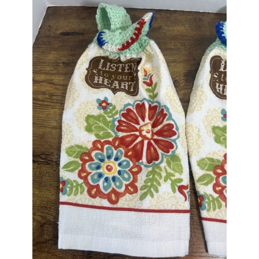 Set (2) Listen To Your Heart Floral Hanging Kitchen Towels Crochet Top Boho Home